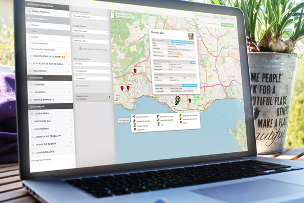 Mapa com geolocalização em tempo real de técnicos no aplicativo de gestão de serviços externos